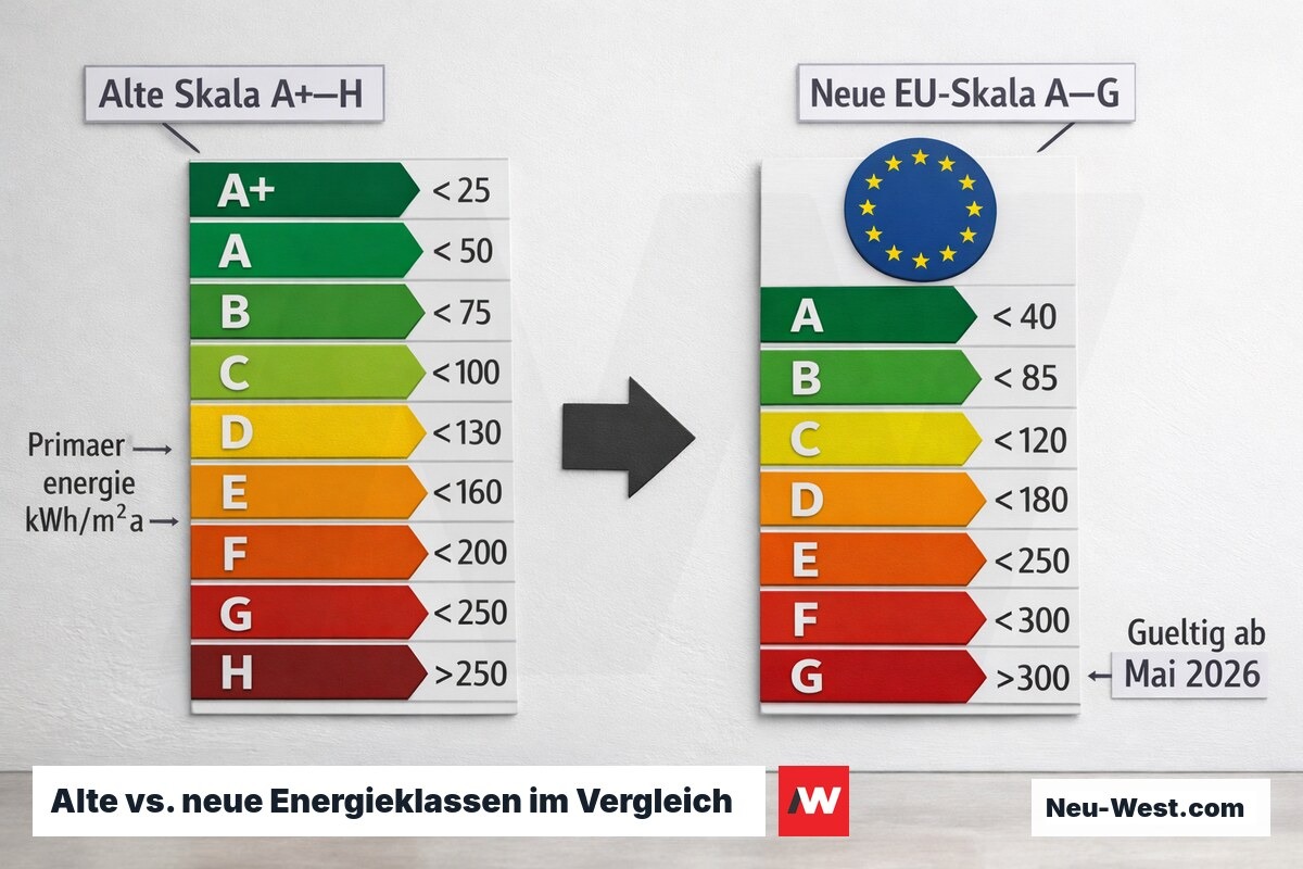 Vergleich der alten deutschen Energieausweis-Skala A+ bis H mit der neuen EU-einheitlichen Skala A bis G ab 2026.