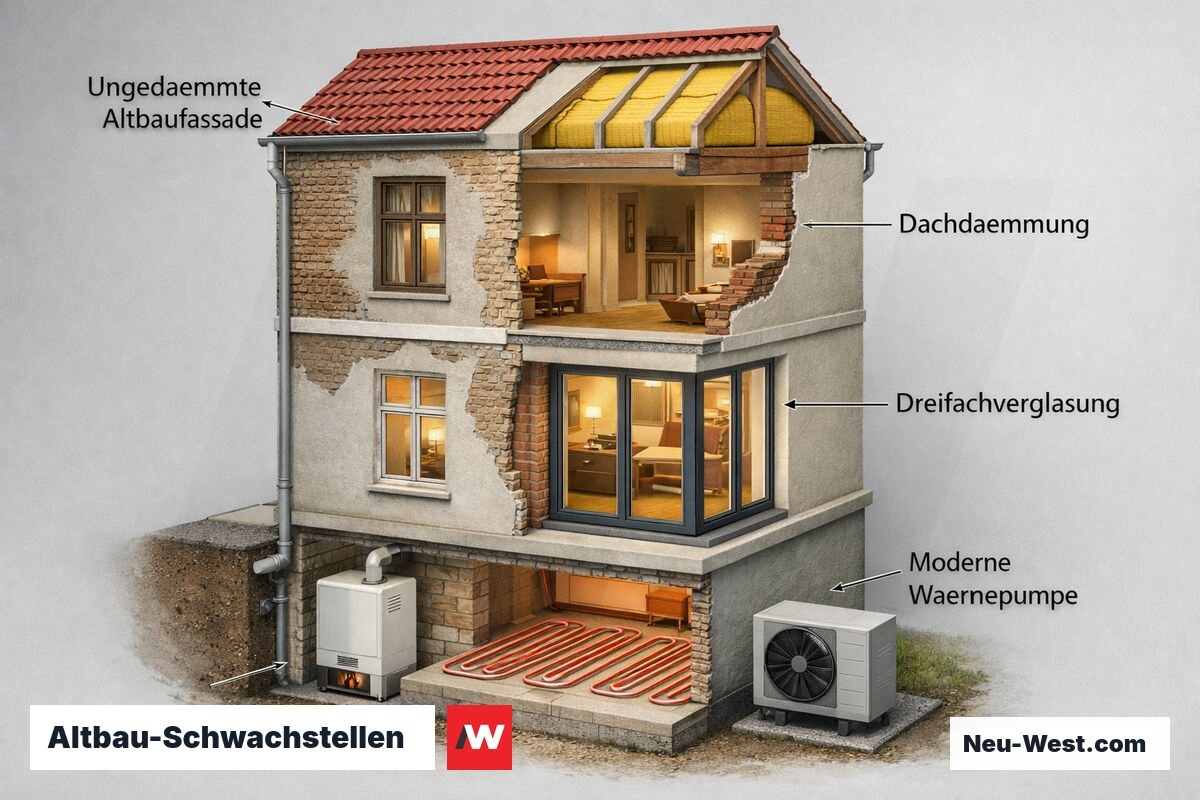 Querschnitt eines Berliner Gründerzeithauses mit Hervorhebung energetischer Schwachstellen wie fehlende Dämmung und alte Heizanlage.