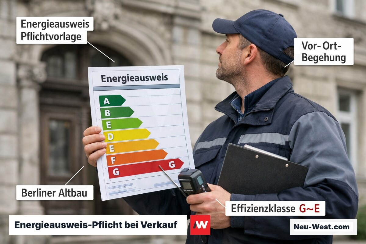Energieberater hält EU-Energieausweis A–G vor einem Berliner Altbau und prüft die Gebäudehülle vor Ort.