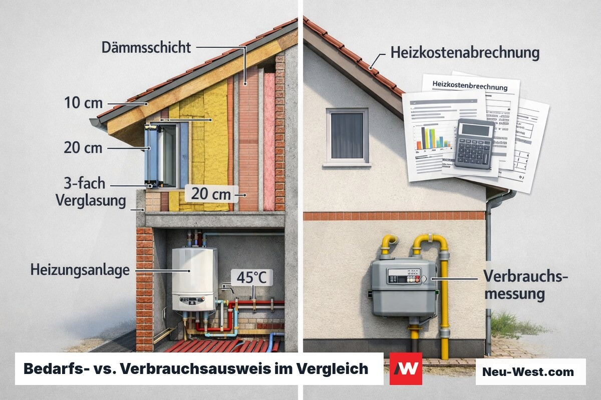 Hausquerschnitt zeigt links technische Gebäudeanalyse für Bedarfsausweis, rechts Verbrauchsdaten für Verbrauchsausweis