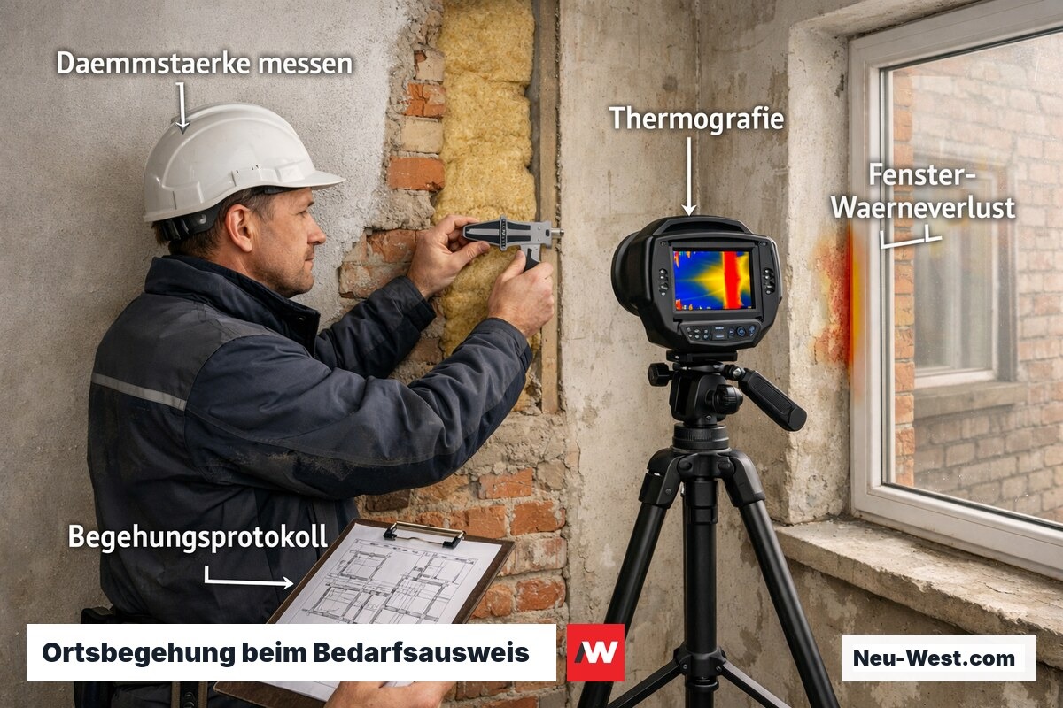 Energieberater misst Dämmstärke und dokumentiert Wärmeverluste an Fenster mit Thermokamera bei Gebäudebegehung