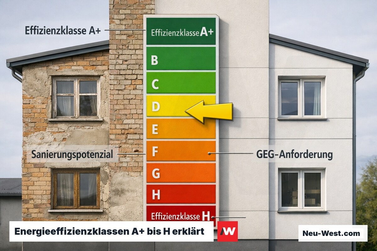 Wohngebäude mit Energieeffizienzskala A+ bis H an der Fassade, zeigt Einordnung und Sanierungspotenzial nach GEG