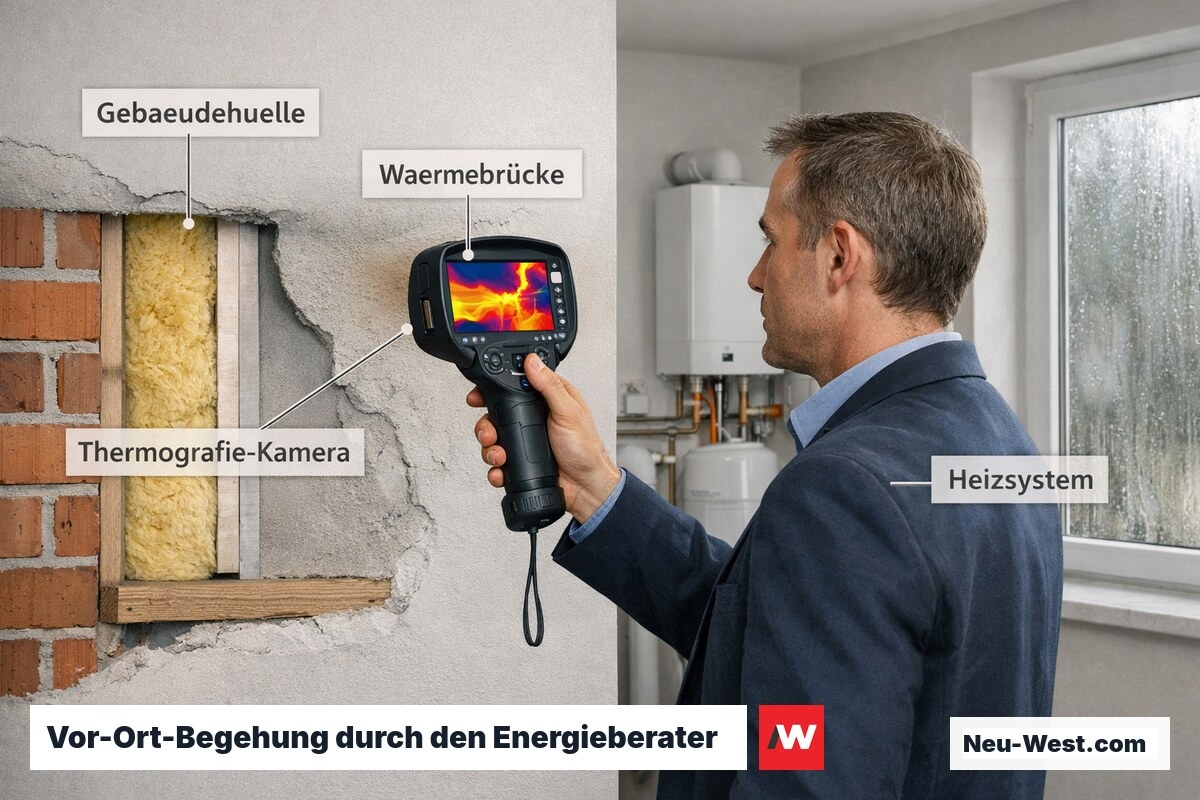 Energieberater analysiert mit Thermografie-Kamera eine Außenwand auf Wärmebrücken und Dämmungsmängel im Wohngebäude