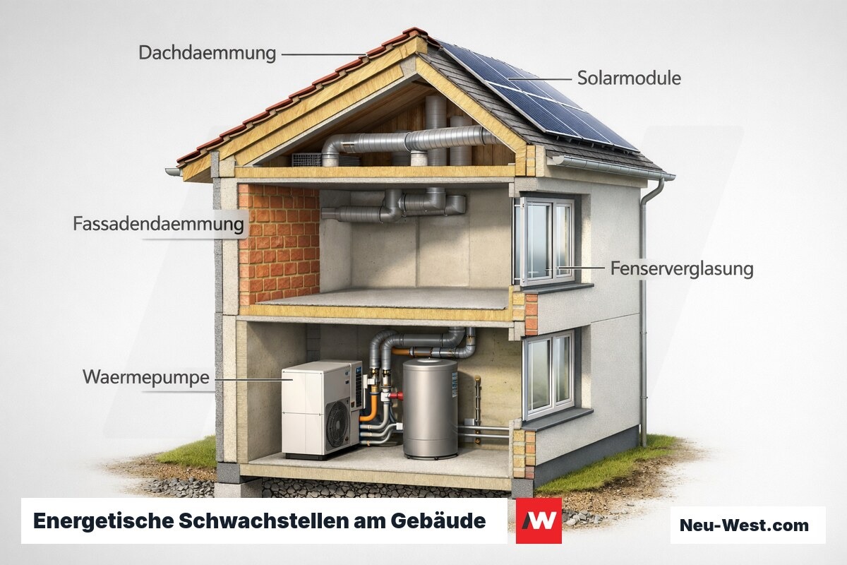 Gebäudequerschnitt zeigt alle energierelevanten Bauteile wie Dämmung, Fenster, Heizung und Solarpanele im Überblick