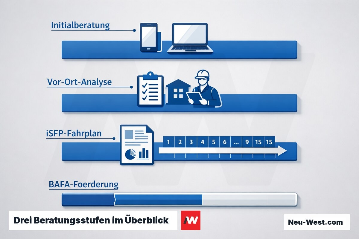 Infografik zeigt die drei Stufen der Energieberatung von der Erstberatung über die Vor-Ort-Analyse bis zum individuellen Sanierungsfahrplan