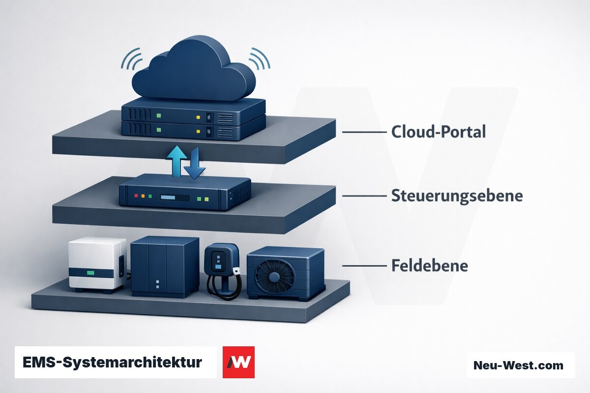 EMS-Systemarchitektur: Drei-Ebenen-Modell – Erklär-Grafik (NEUWEST Berlin)