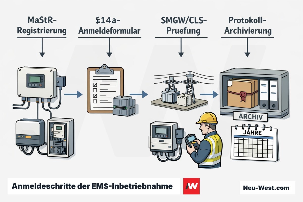 Prozessgrafik der vier Anmelde- und Protokollschritte bei EMS-Inbetriebnahme: MaStR, §14a-Formular, SMGW-CLS-Prüfung und Archivierung