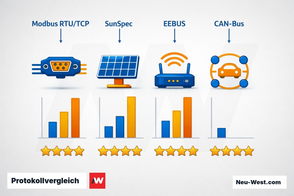 Protokollvergleich: Modbus / SunSpec / EEBUS / CAN-Bus – Erklär-Grafik (NEUWEST Berlin)
