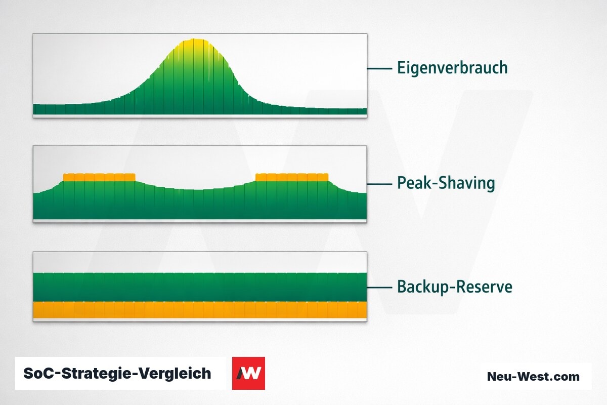 SoC-Strategie-Vergleich: Tagesprofil je Betriebsmodus – Erklär-Grafik (NEUWEST Berlin)