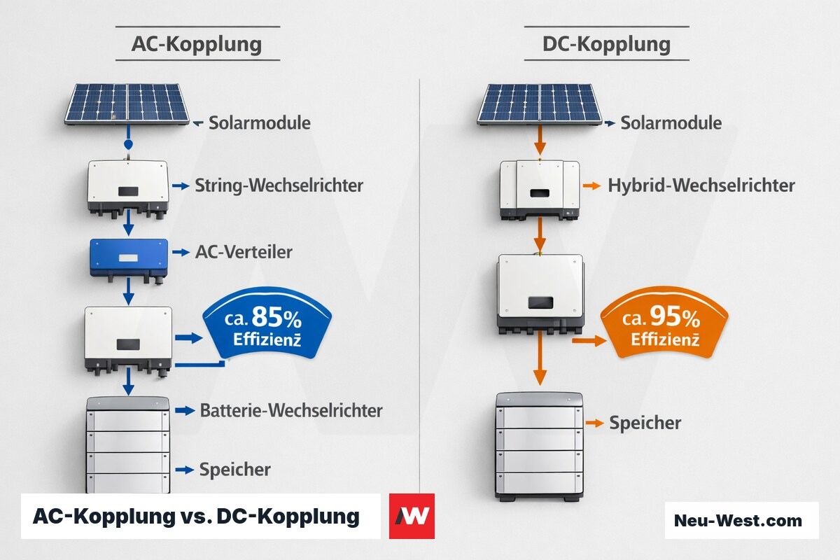 AC-Kopplung vs. DC-Kopplung: Energiefluss und Systemwirkungsgrad – Erklär-Grafik (NEUWEST Berlin)