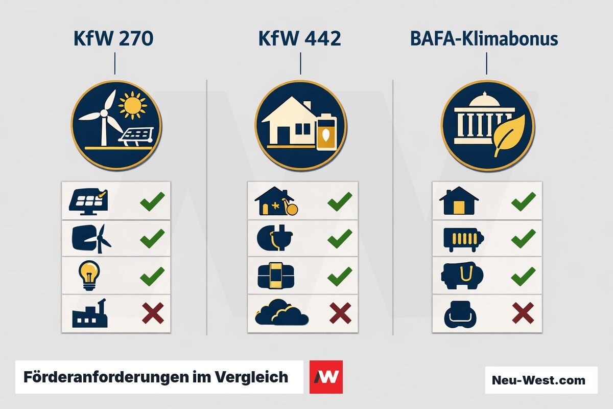 Förderanforderungen im Vergleich: KfW 270 / KfW 442 / BAFA-Klimabonus – Erklär-Grafik (NEUWEST Berlin)