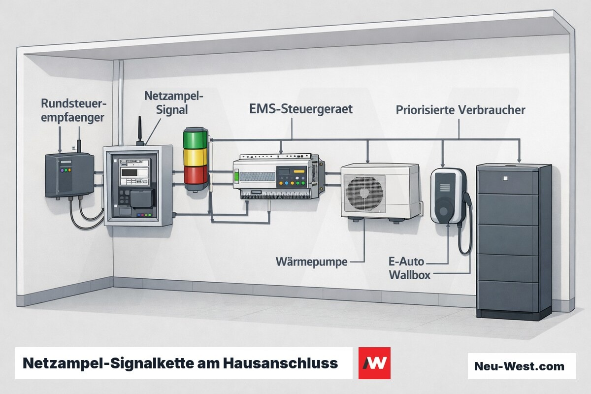Querschnitt Technikraum: Netzampel-Signal vom Rundsteuerempfänger zum EMS, das Wärmepumpe, Wallbox und Batteriespeicher priorisiert steuert.