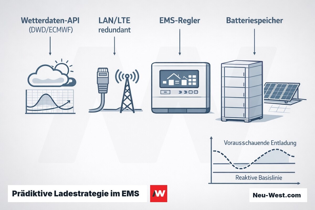 Erklär-Grafik: Wetterprognose-API über redundante LAN/LTE-Leitung steuert EMS-Regler und Batteriespeicher für vorausschauendes Laden statt reaktiver Regelung.