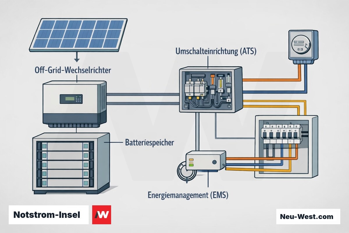 Schema eines Inselnetz-Notstromsystems mit Off-Grid-Wechselrichter, Batteriespeicher, EMS und automatischer Umschalteinrichtung samt Netz- und Lastanschluss.