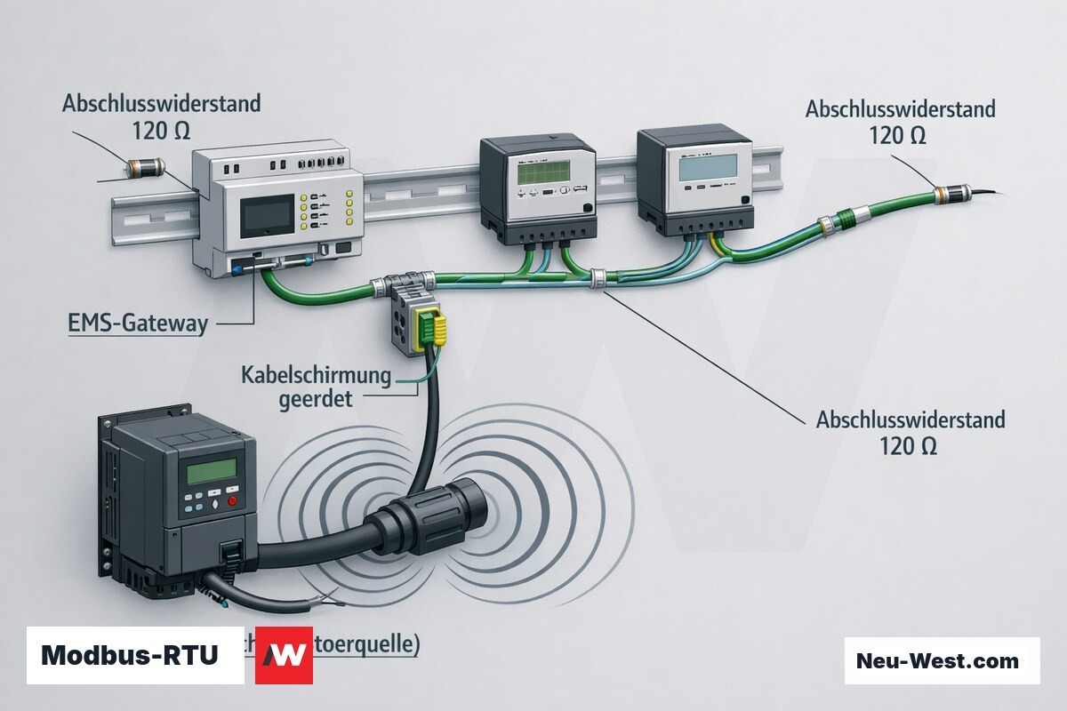 Verdrahtungsschema einer Modbus-RTU-Leitung im EMS mit Abschlusswiderständen, geerdeter Schirmung und störendem Frequenzumrichter.