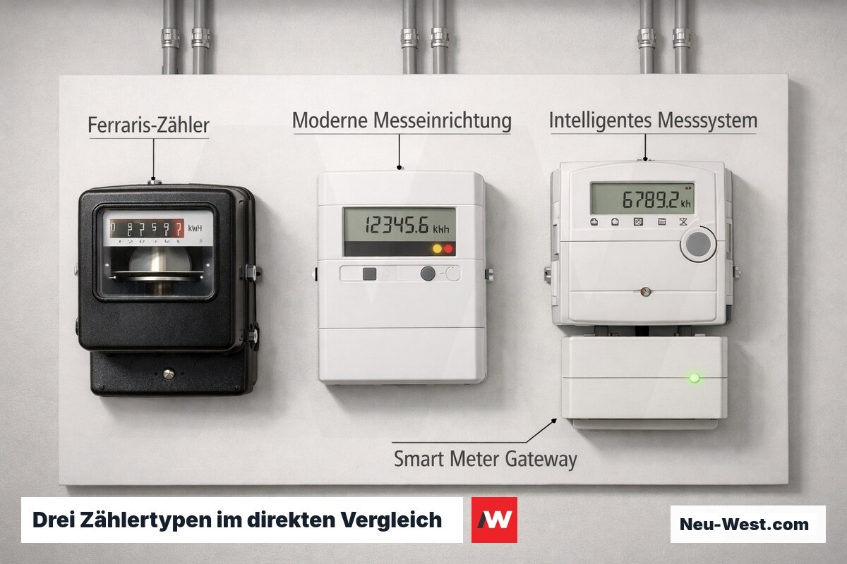 Drei Stromzähler nebeneinander: analoger Ferraris-Zähler, digitale Messeinrichtung und intelligentes Messsystem mit Gateway.