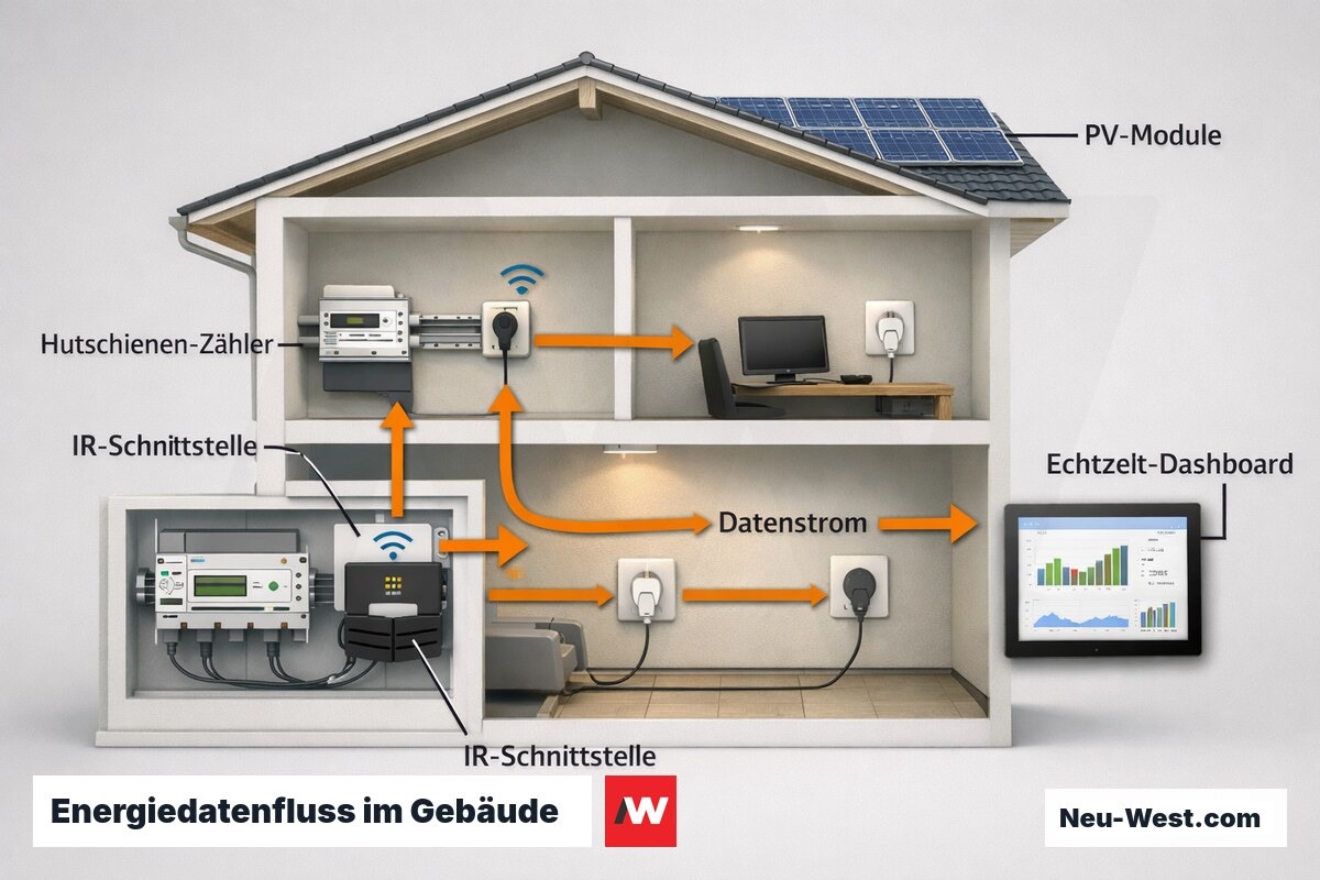 Schnittbild eines Wohnhauses mit Smart-Meter-Datenfluss vom Zähler über Verteiler bis zum Monitoring-Display.