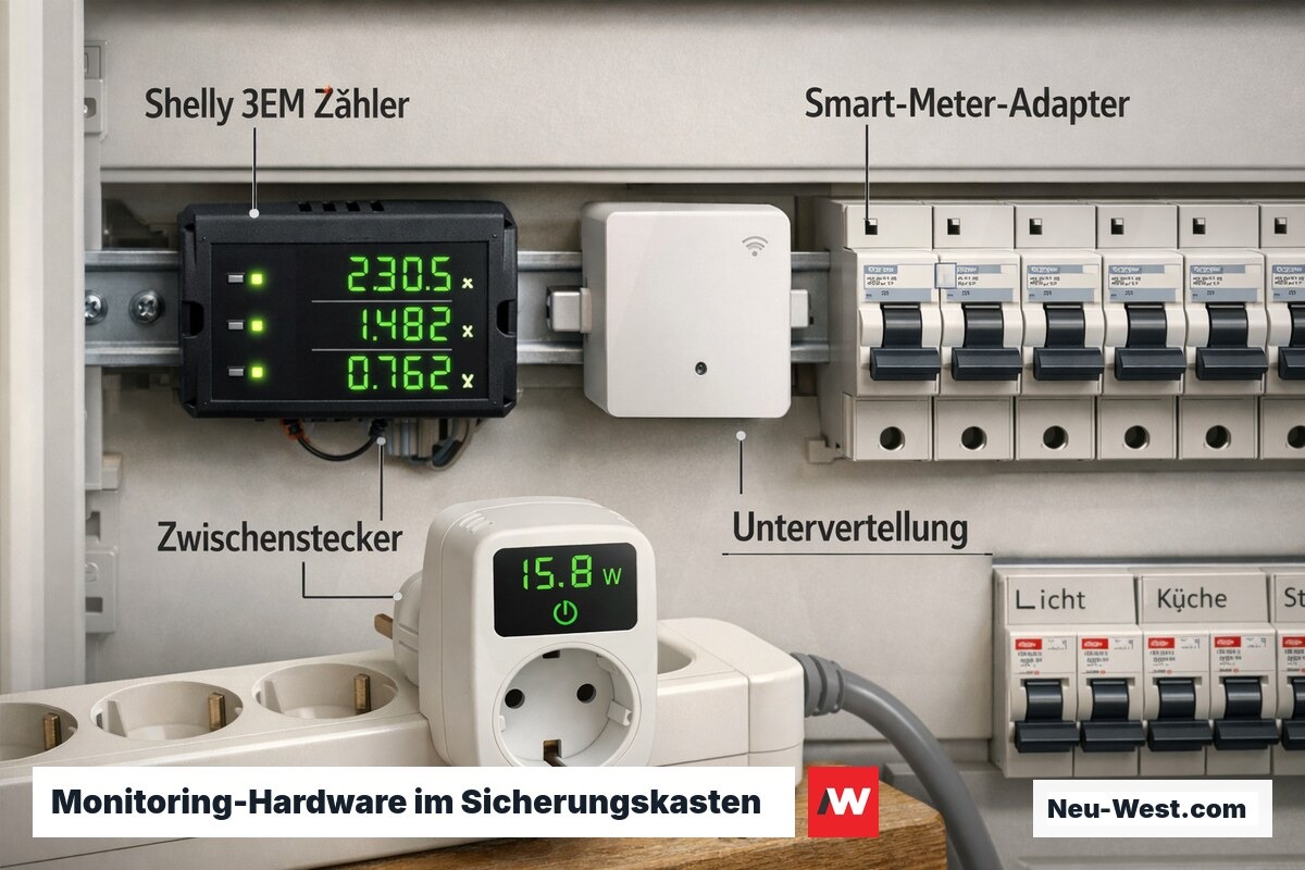 Geöffneter Sicherungskasten mit Hutschienen-Energiezähler, WLAN-Gateway und Smart-Plug-Adapter für Verbrauchsmessung.