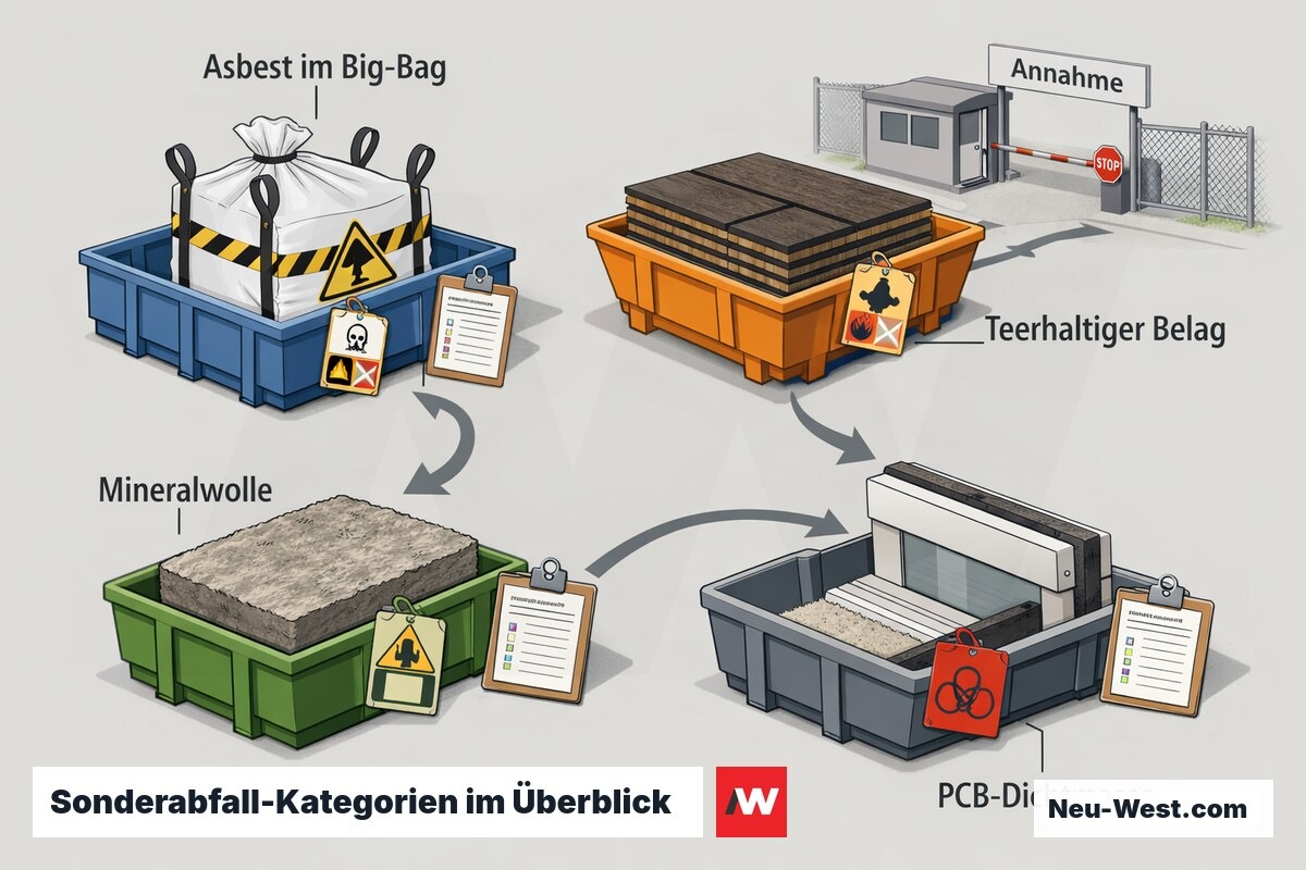 Erklär-Illustration der wichtigsten Sonderabfall-Arten bei Sanierungen: Asbest, teerhaltiger Belag, Mineralwolle und PCB-Dichtmasse mit Kennzeichnung.