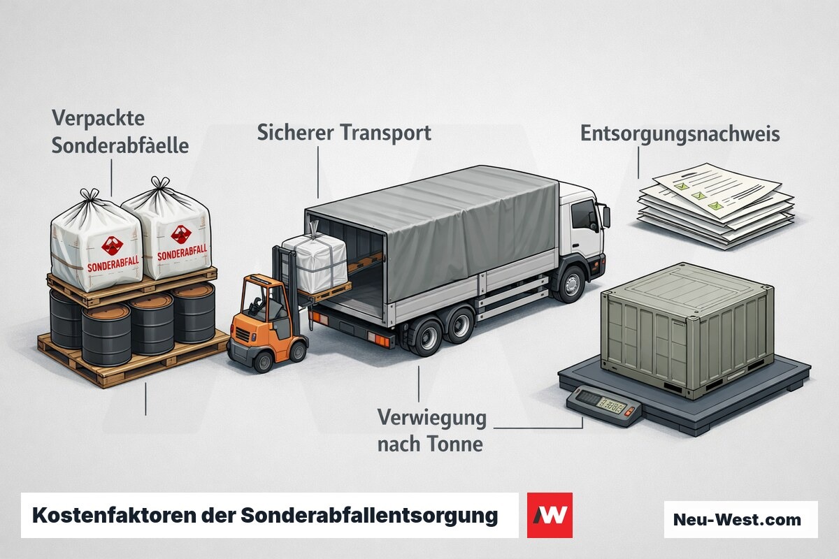 Querschnitt-Illustration der Kostenfaktoren bei Sonderabfallentsorgung: verpackte Abfälle, Verwiegung nach Tonne, Transport und Entsorgungsnachweis.