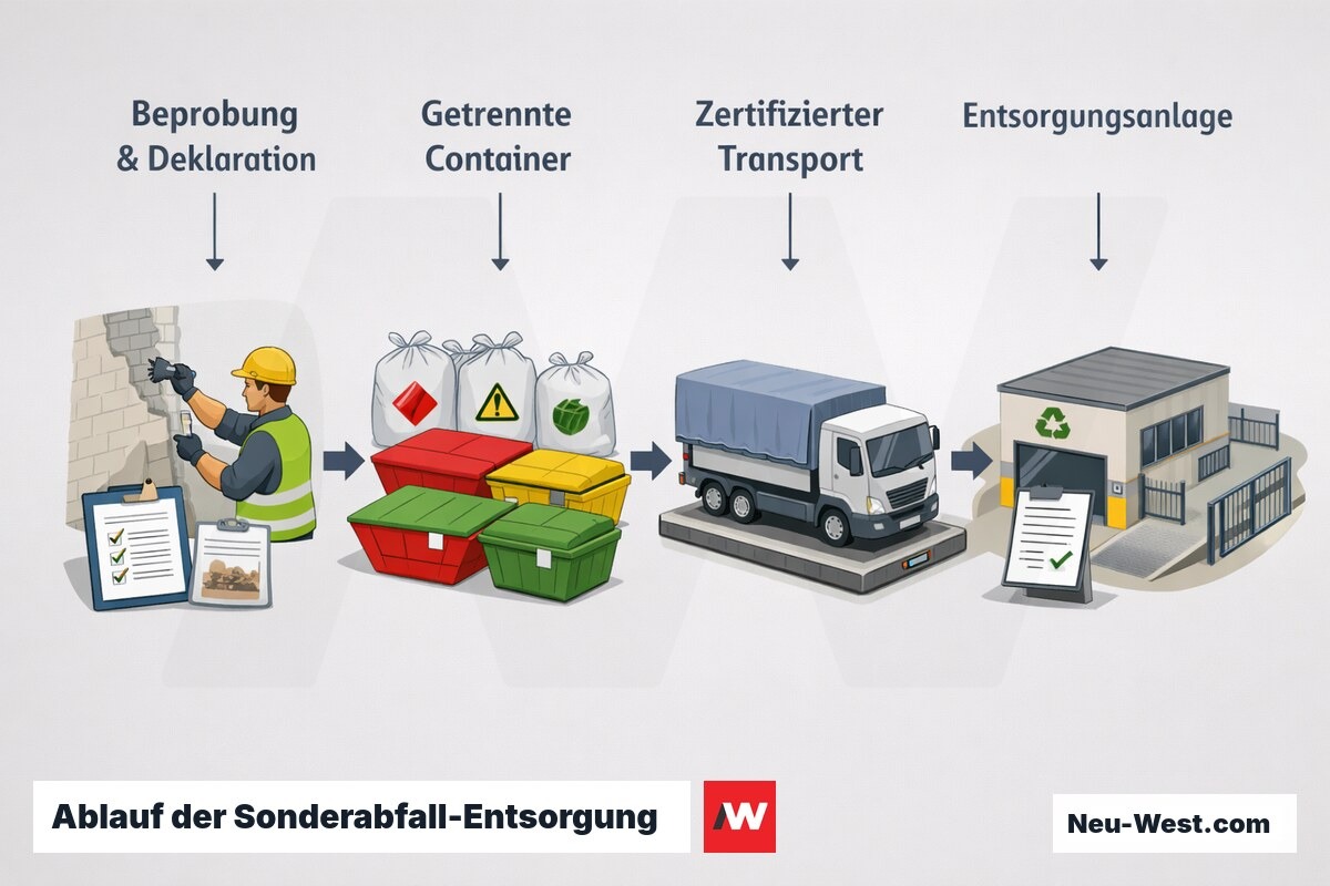 Ablauf-Illustration der Sonderabfall-Entsorgung: Beprobung, getrennte Container, zertifizierter Transport und Übergabe an Entsorgungsanlage.