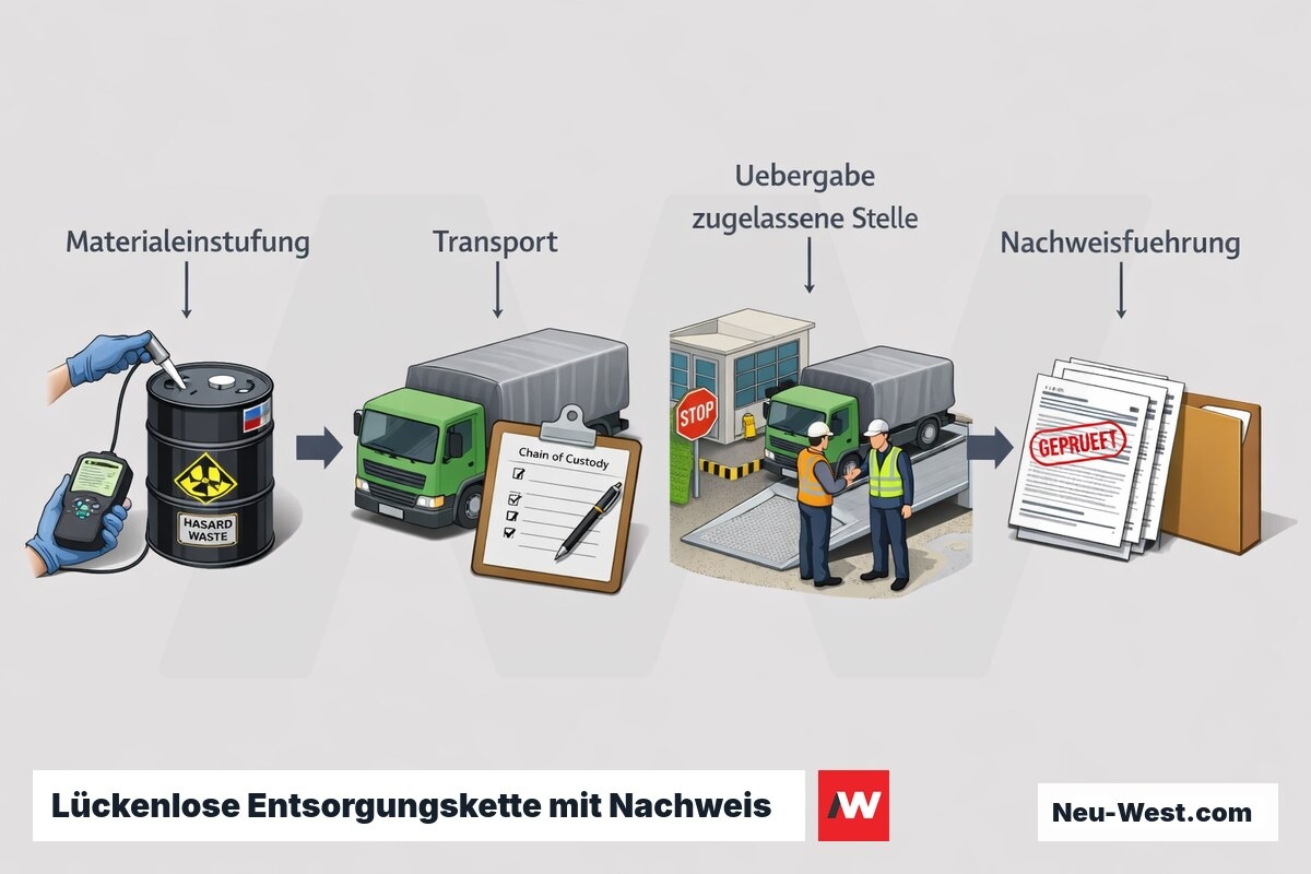 Prozess-Illustration der Sonderabfall-Entsorgung: Materialeinstufung, Transport, Übergabe an zugelassene Stelle und lückenlose Nachweisführung als Kette.