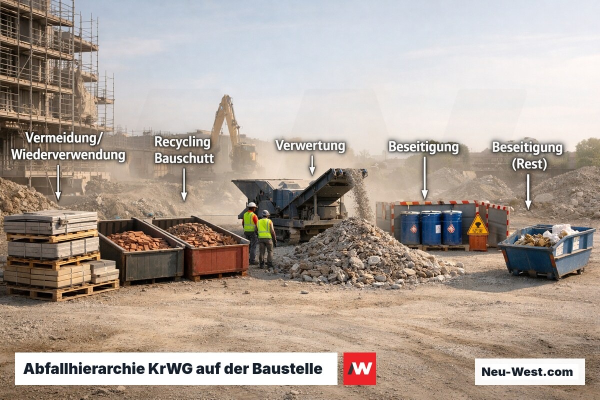 Fünf Entsorgungszonen auf einer Abrissbaustelle zeigen die gesetzliche Abfallhierarchie nach KrWG von Vermeidung bis Beseitigung.