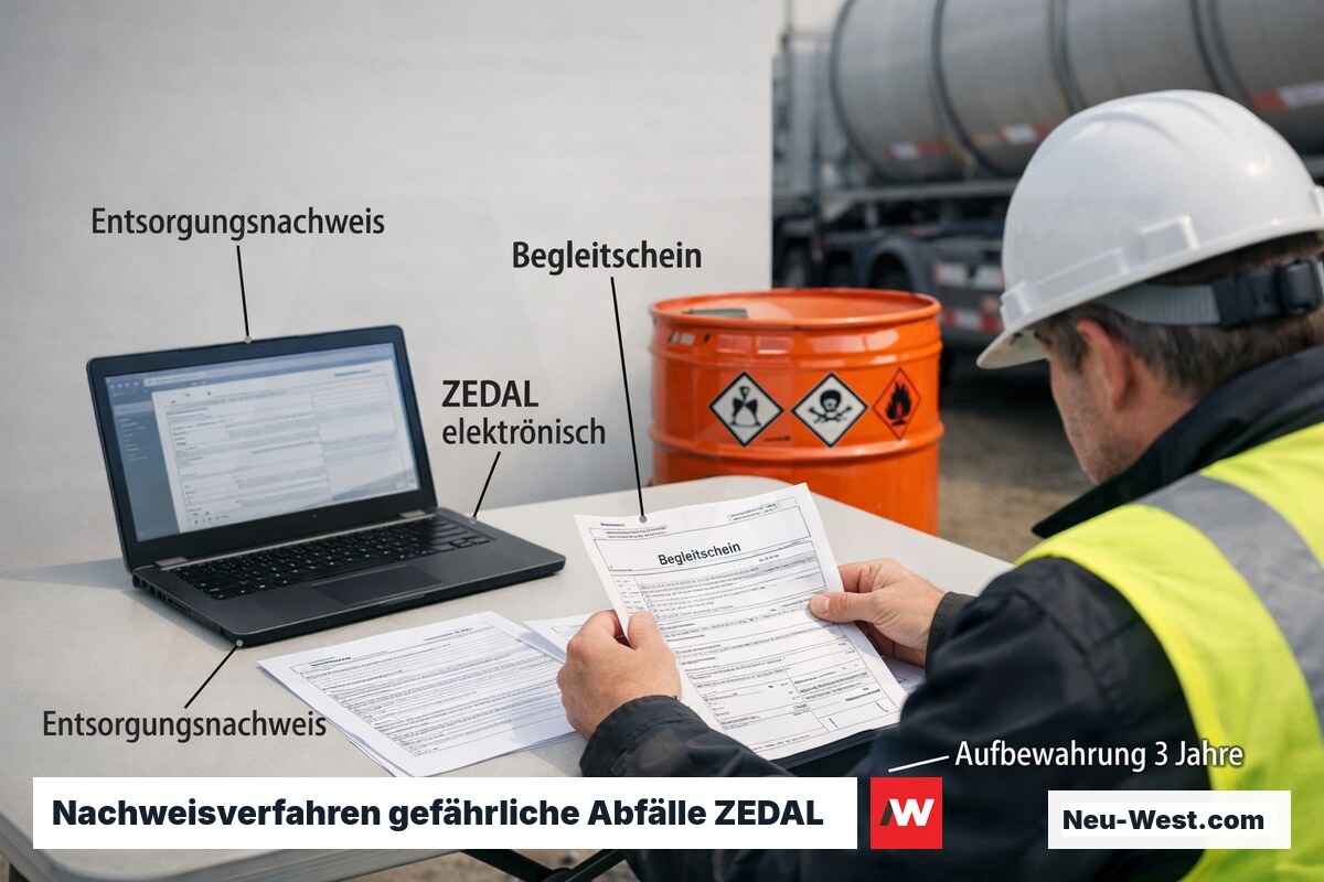 Bauleiter prüft Entsorgungsnachweis und Begleitschein am Laptop; im Hintergrund steht ein orange gekennzeichnetes Gefahrstoff-Gebinde.