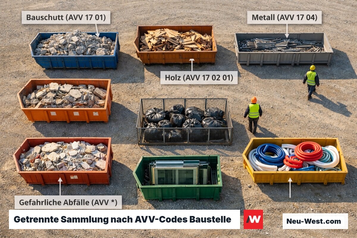 Vogelperspektive auf acht beschriftete Abfallcontainer einer Großbaustelle mit nach AVV-Schlüsselnummern getrennten Bauabfallfraktionen.