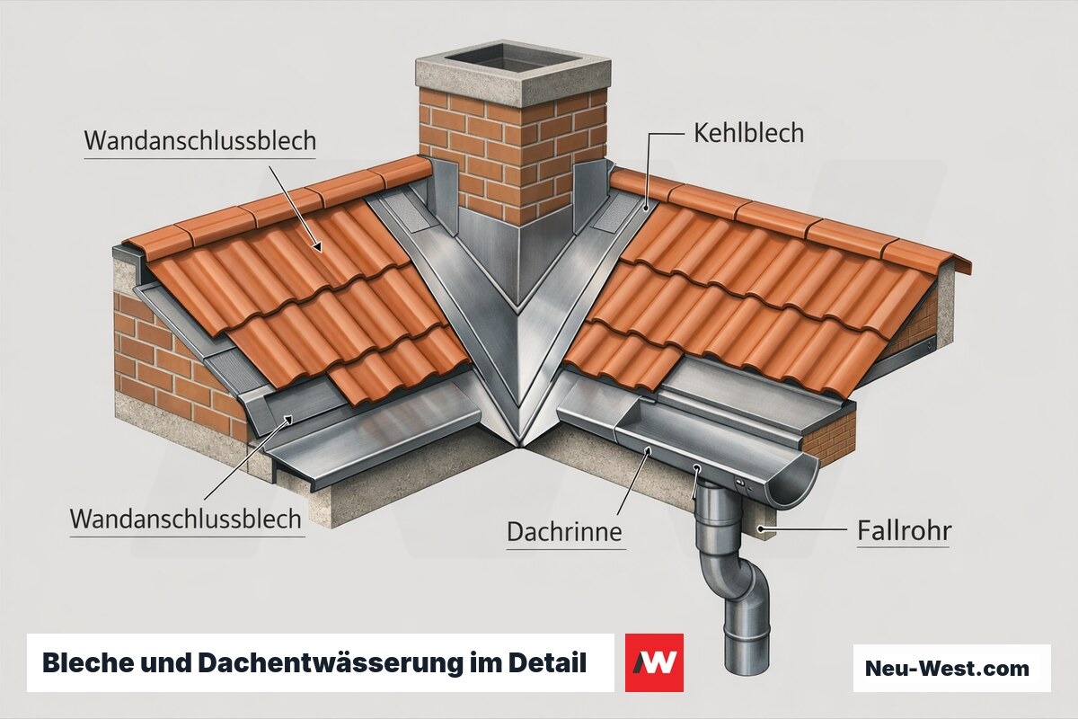 Querschnitt eines Daches mit Kehlblech, Wandanschlussblech, Dachrinne und Fallrohr zur kontrollierten Wasserableitung.