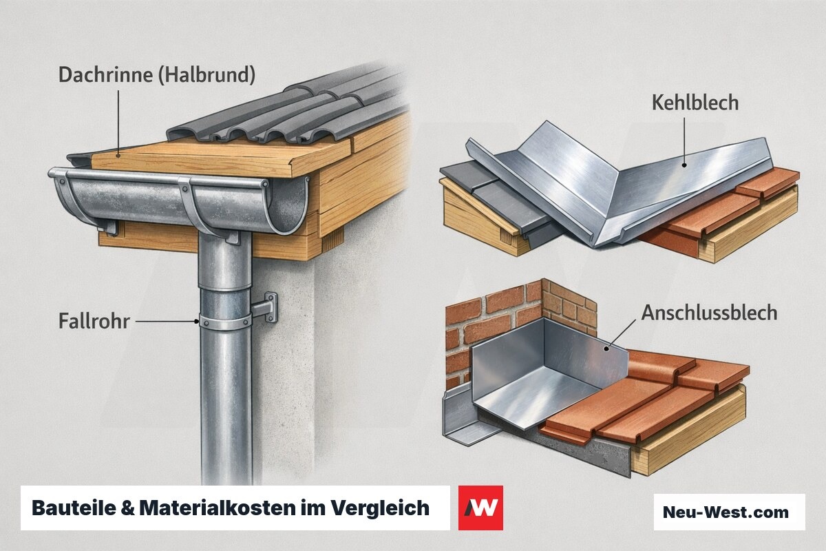 Querschnitt einer Dachkante mit Dachrinne, Fallrohr, Kehl- und Anschlussblech in verschiedenen Metallen als Kostenvergleich.