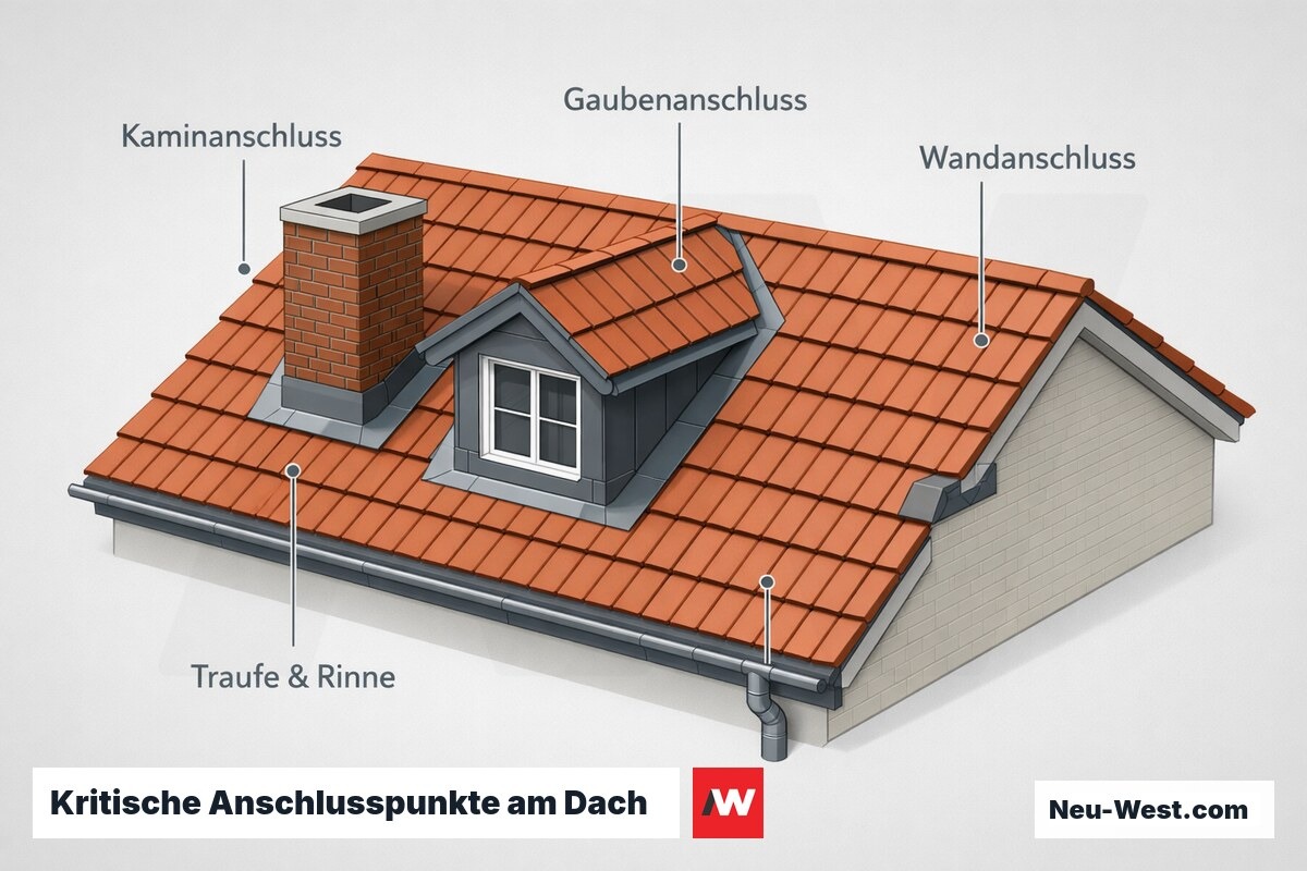 Axonometrische Dachansicht von oben mit den vier neuralgischen Punkten Kaminanschluss, Gaubenanschluss, Wandanschluss und Traufe mit Rinne.