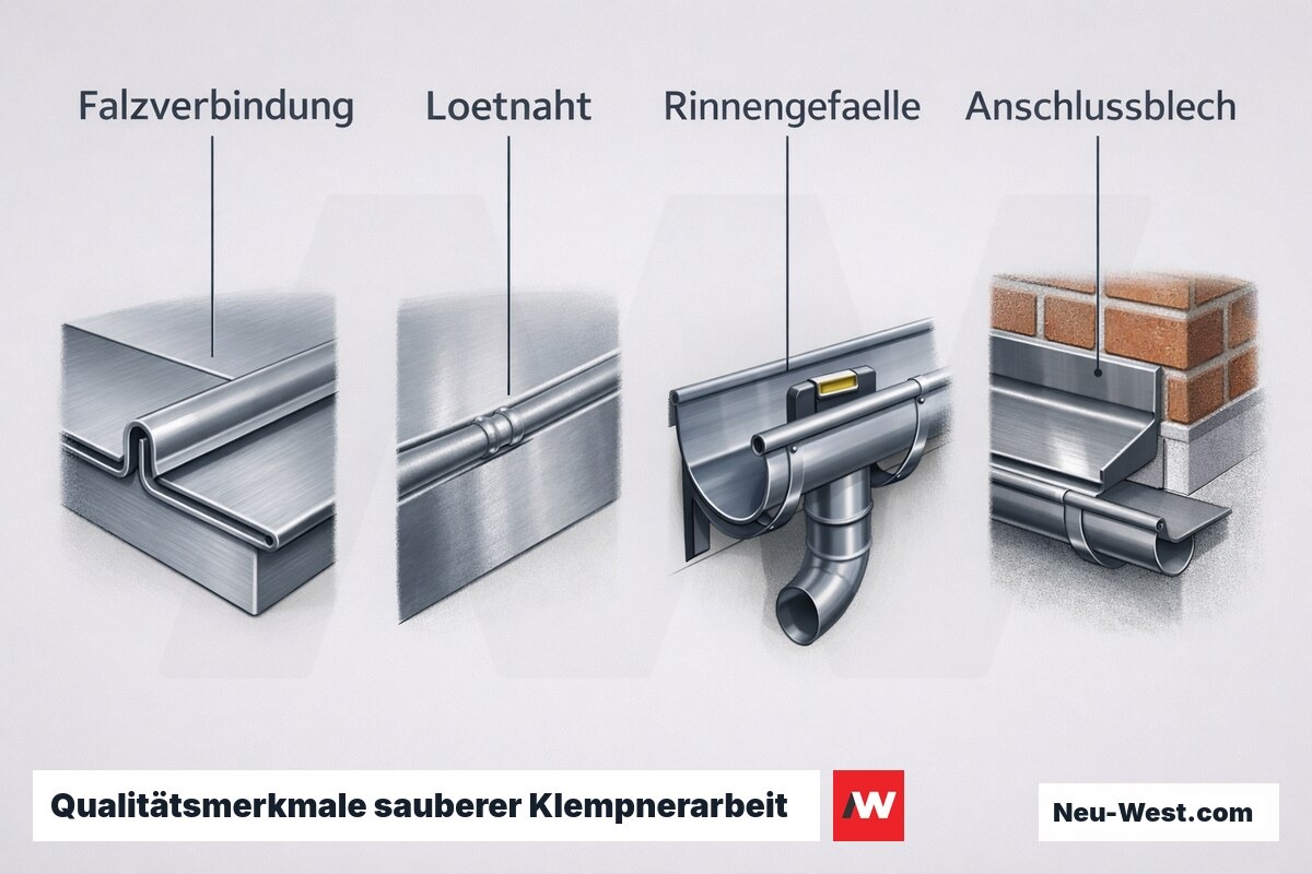 Vier Detailskizzen zur Qualitätsprüfung: Falzverbindung, Lötnaht, Rinnengefälle zum Fallrohr und Wandanschlussblech aus Metall.