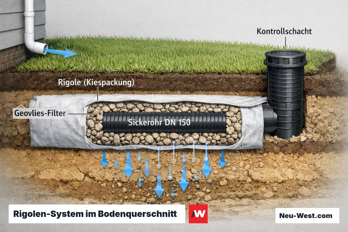 Technischer Querschnitt einer unterirdischen Rigole mit Sickerohr, Geovlies und Kiespackung im sandigen Gartenboden