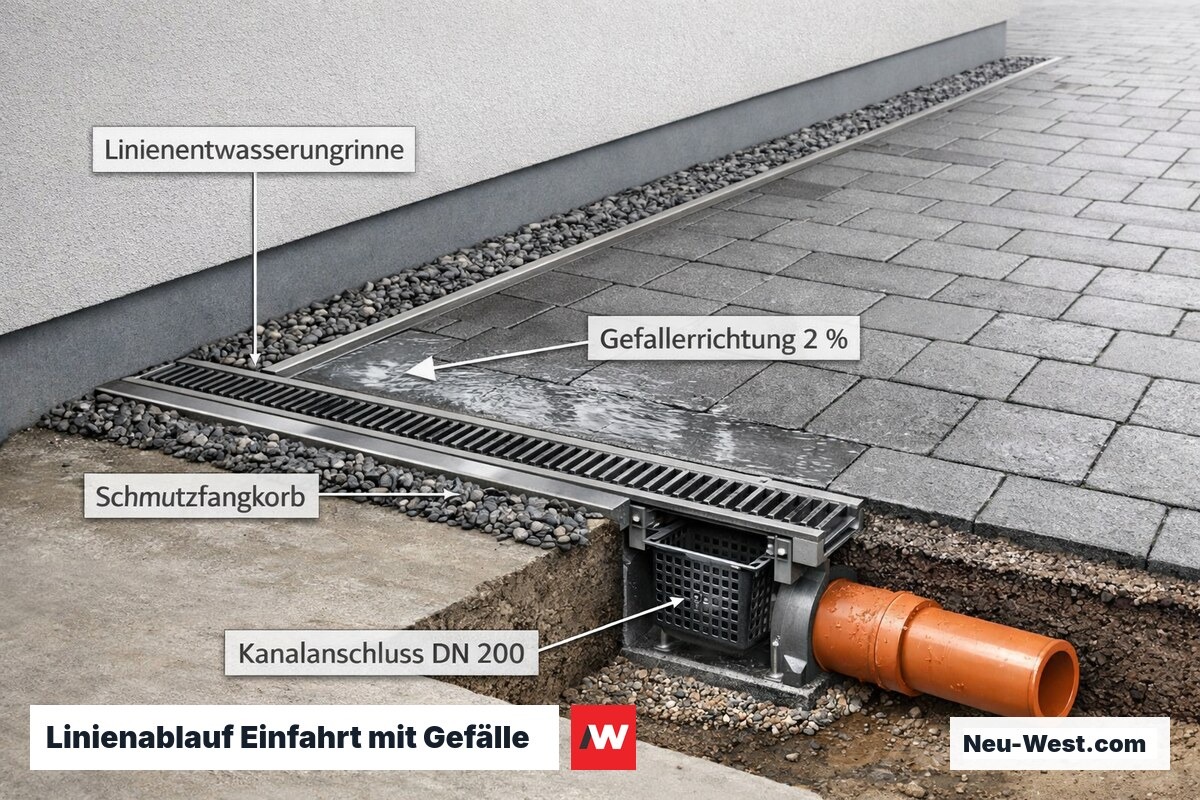 Einfahrt mit Linienentwässerungsrinne entlang Hauswand, sichtbarem Flächengefälle und Anschluss an Kanalisation
