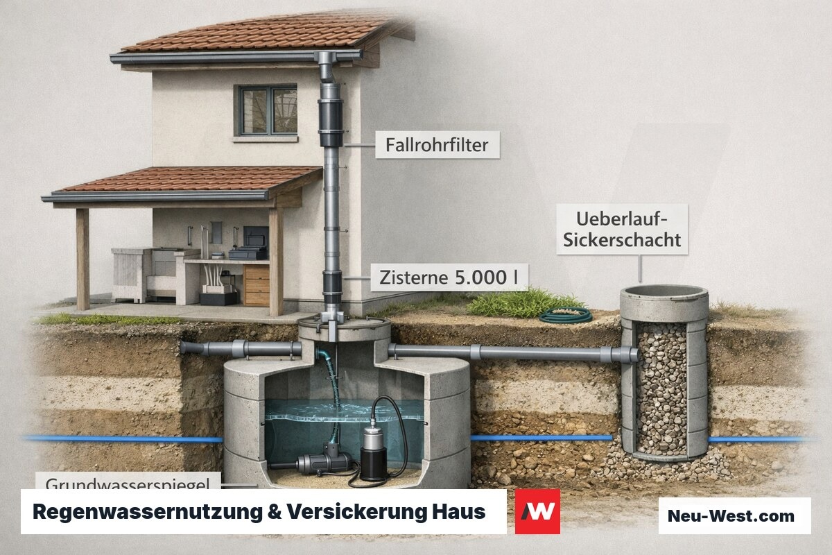 Hausquerschnitt mit Zisterne, Fallrohrfilter, Überlauf-Sickerschacht und eingezeichnetem Grundwasserspiegel