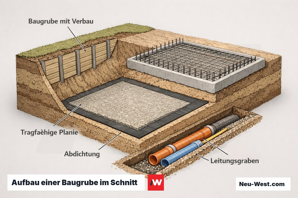 Schnittdarstellung einer Baugrube mit Verbau, tragfähiger Planie, Abdichtung und Leitungsgraben vor dem Fundamentbau.