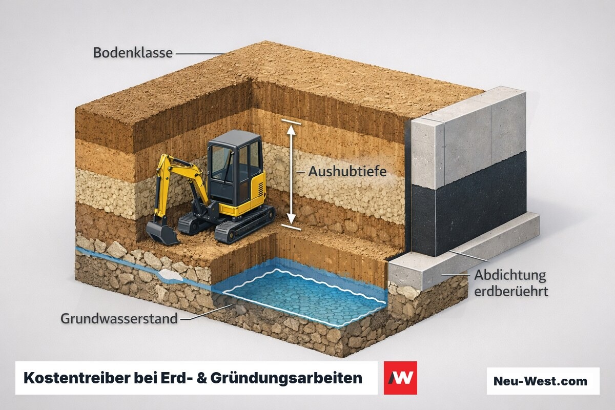 Querschnitt einer Baugrube mit Bodenschichten, markierter Aushubtiefe, Grundwasserstand und abgedichteter Gründungswand als Kostenfaktoren.