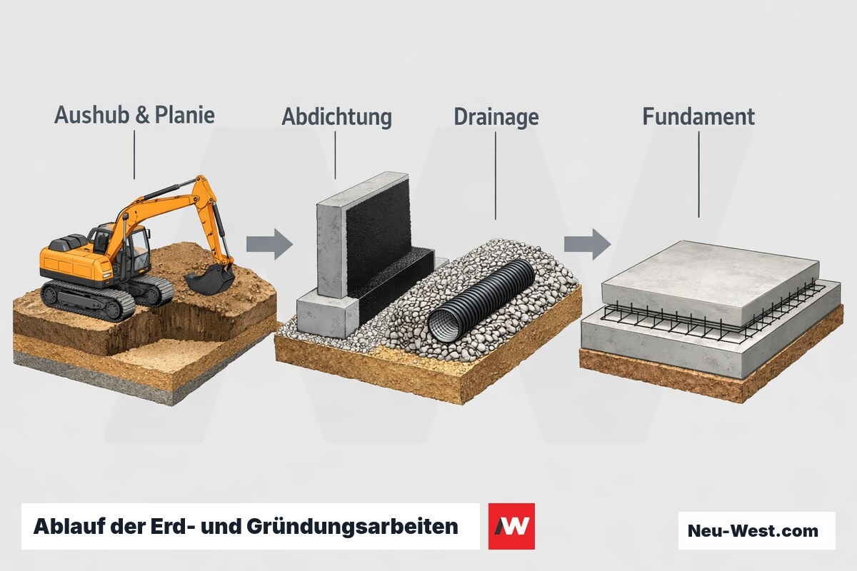 Prozessgrafik in drei Schritten: Bagger-Aushub mit Planie, Fundamentabdichtung mit Drainagerohr und fertiges Streifenfundament mit Bewehrung.