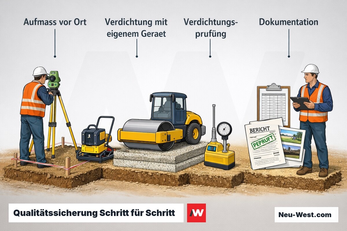 Prozessgrafik der Qualitätssicherung im Erdbau: Aufmaß, Verdichtung mit eigenem Gerät, Verdichtungsprüfung und Dokumentation der Messwerte.