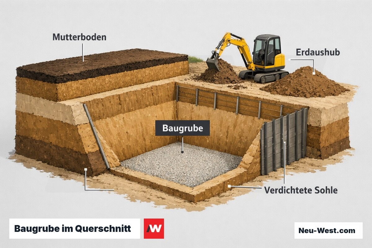 Querschnitt einer Baugrube mit abgetragenem Mutterboden, Erdaushub, geboeschter Grubenwand und verdichteter Sohle beim Erdbau.