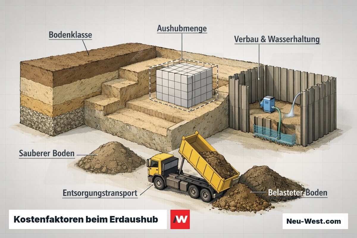 Querschnitt einer Baugrube mit Bodenschichten, Aushubmenge, Verbau mit Wasserhaltung und Abtransport des Aushubs als Kostenfaktoren.