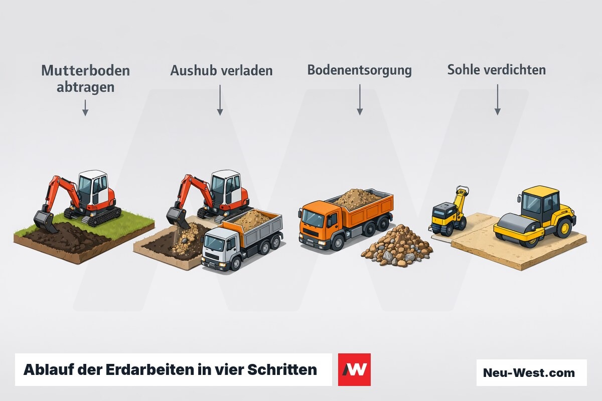Prozessgrafik der Erdarbeiten: Mutterboden abtragen, Aushub verladen, Boden abtransportieren und Grubensohle verdichten.