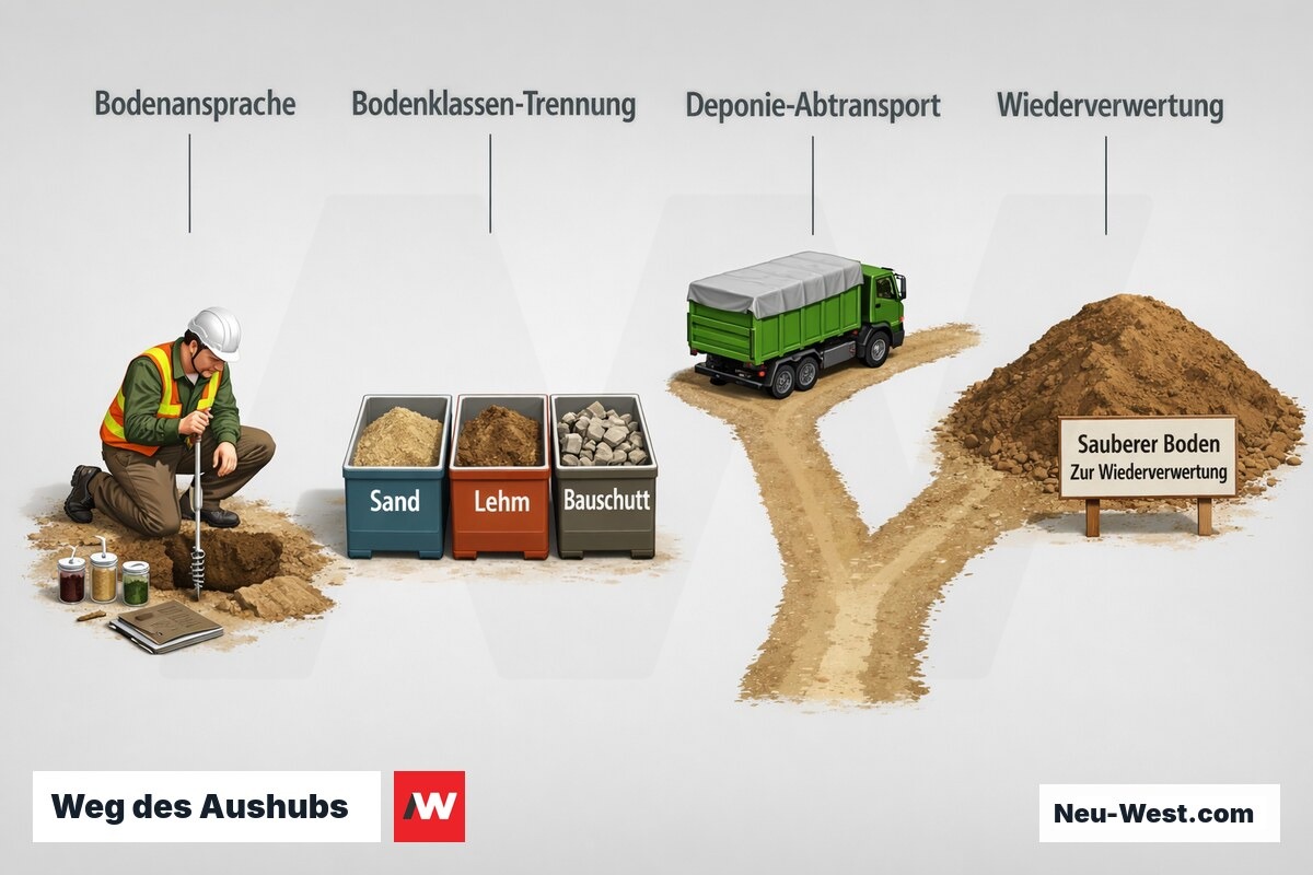 Prozessreihe: Bodenprobe, Trennung nach Bodenklassen, Aufteilung in Deponie-Abtransport und Wiederverwertung des Aushubs.