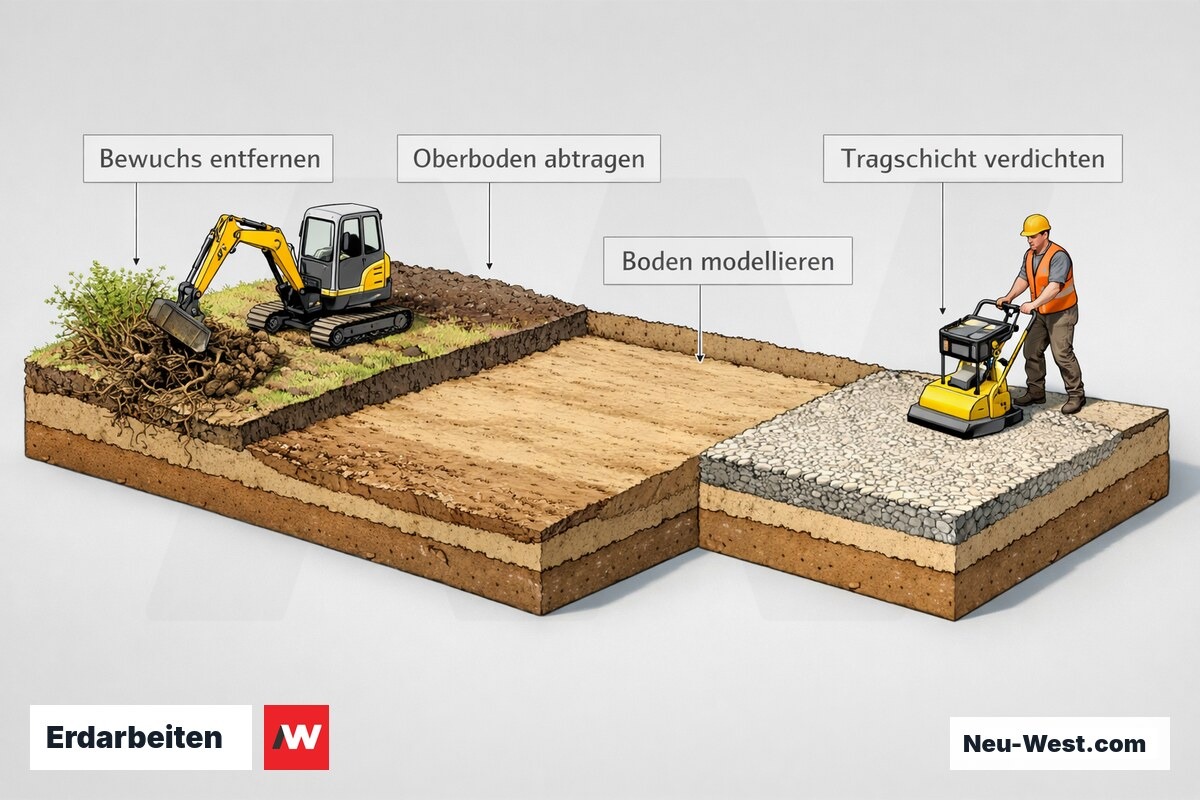 Querschnitt eines Baugrundstuecks: Bewuchsentfernung, Oberbodenabtrag, Bodenmodellierung und Verdichtung der tragfaehigen Tragschicht.