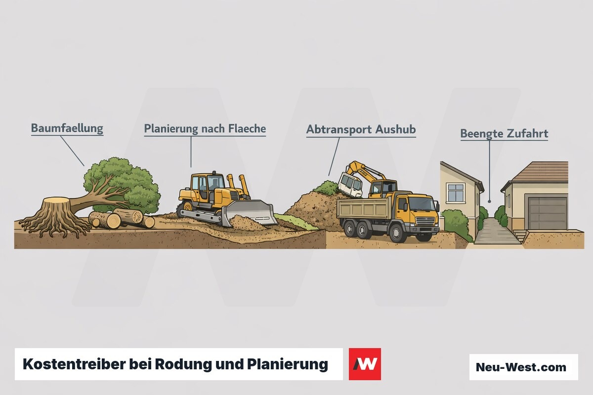 Querschnitt-Diagramm zeigt Baumfällung, Planierung, Abtransport von Aushub und beengte Baustellenzufahrt als Kostentreiber.
