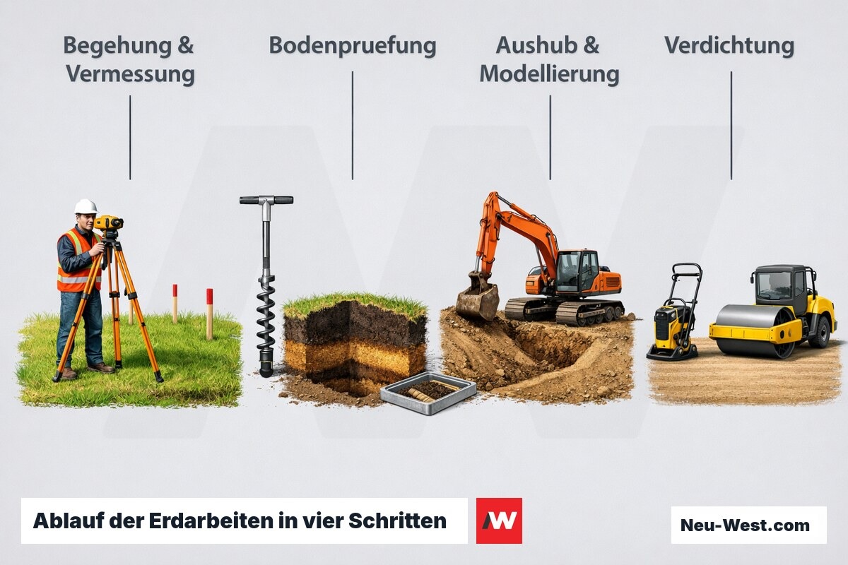 Prozessdiagramm der Erdarbeiten: Begehung und Vermessung, Bodenprüfung, Aushub und Geländemodellierung, Verdichtung bis zum übergabefertigen Gelände.