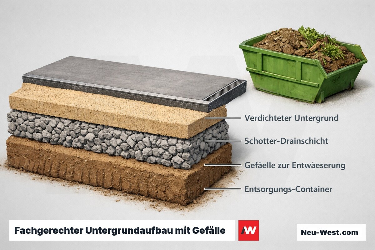 Schicht-Diagramm eines fachgerechten Untergrundaufbaus: verdichteter Untergrund, Schotter-Drainschicht, Gefälle zur Entwässerung und Entsorgungs-Container.