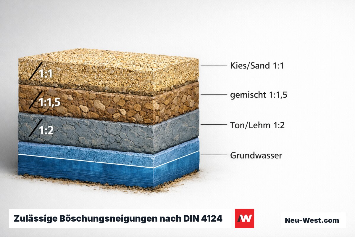 Zulässige Böschungsneigungen nach DIN 4124 – Erklär-Grafik (NEUWEST Berlin)