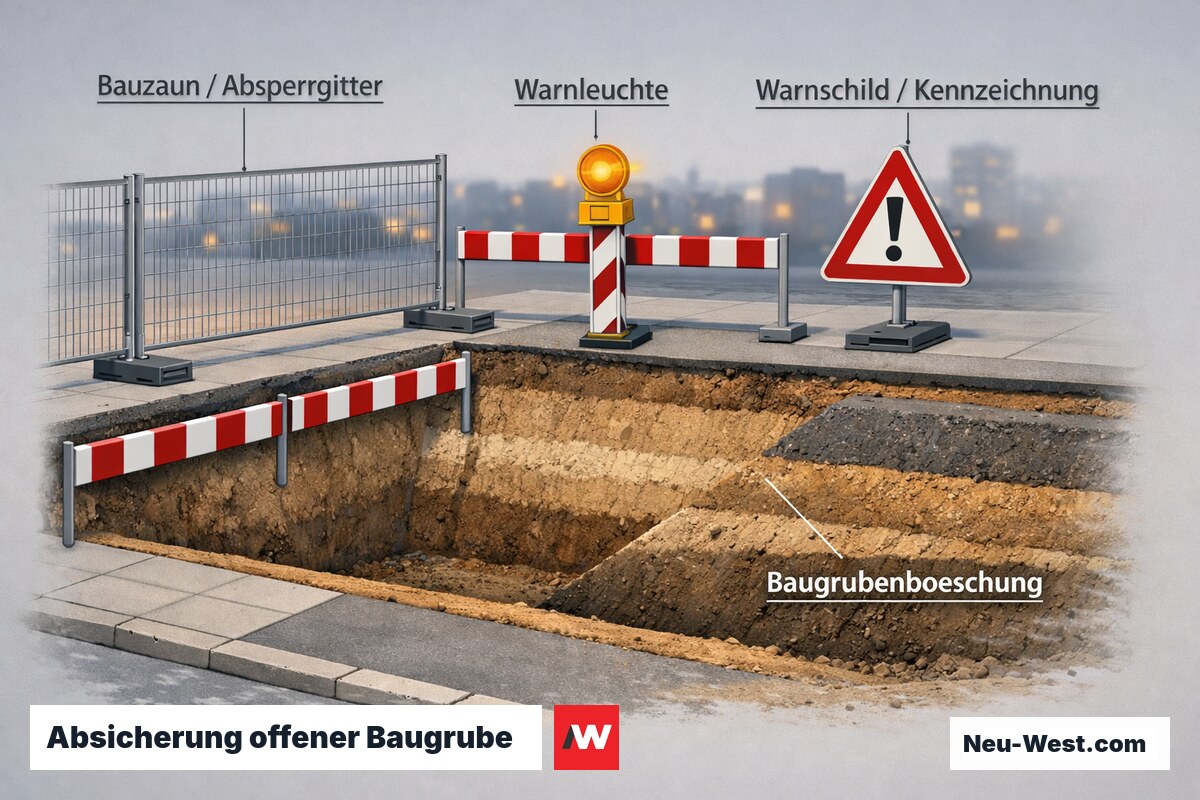 Querschnitt einer offenen Baugrube mit Bauzaun, Warnleuchte, Warnschild und geböschter Grubenwand als Verkehrssicherung in der Dunkelheit.